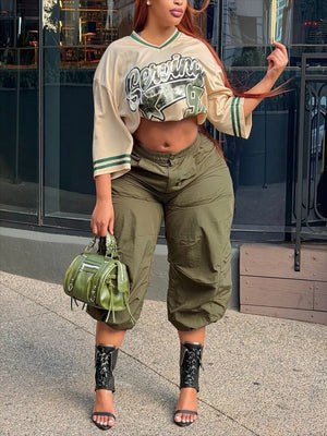 Army Green with Baggy Cargo Cropped Pants in Army Green