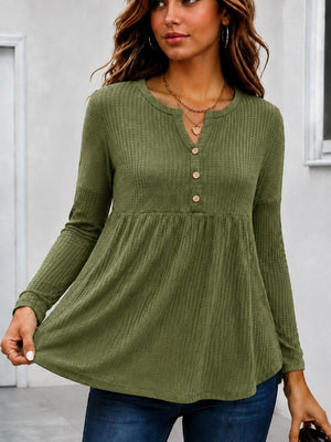olive green peplum top with waffle-knit and henley