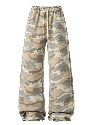 wide-leg pants in olive green with camo and drawstring waist