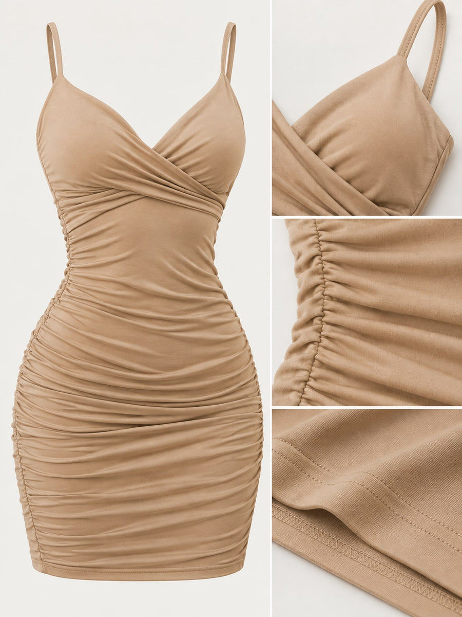 Black bodycon dress with ruched and spaghetti strap