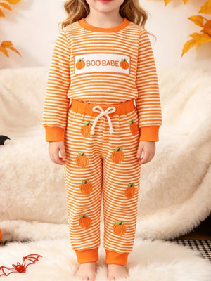 orange pajama set with striped and crew neck