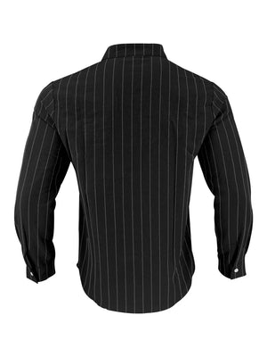Black linen-blend striped button-up shirt with band collar and buttoned cuffs.
