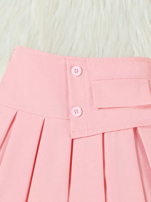 Pink pleated skirt with decorative buttons and pocket detail