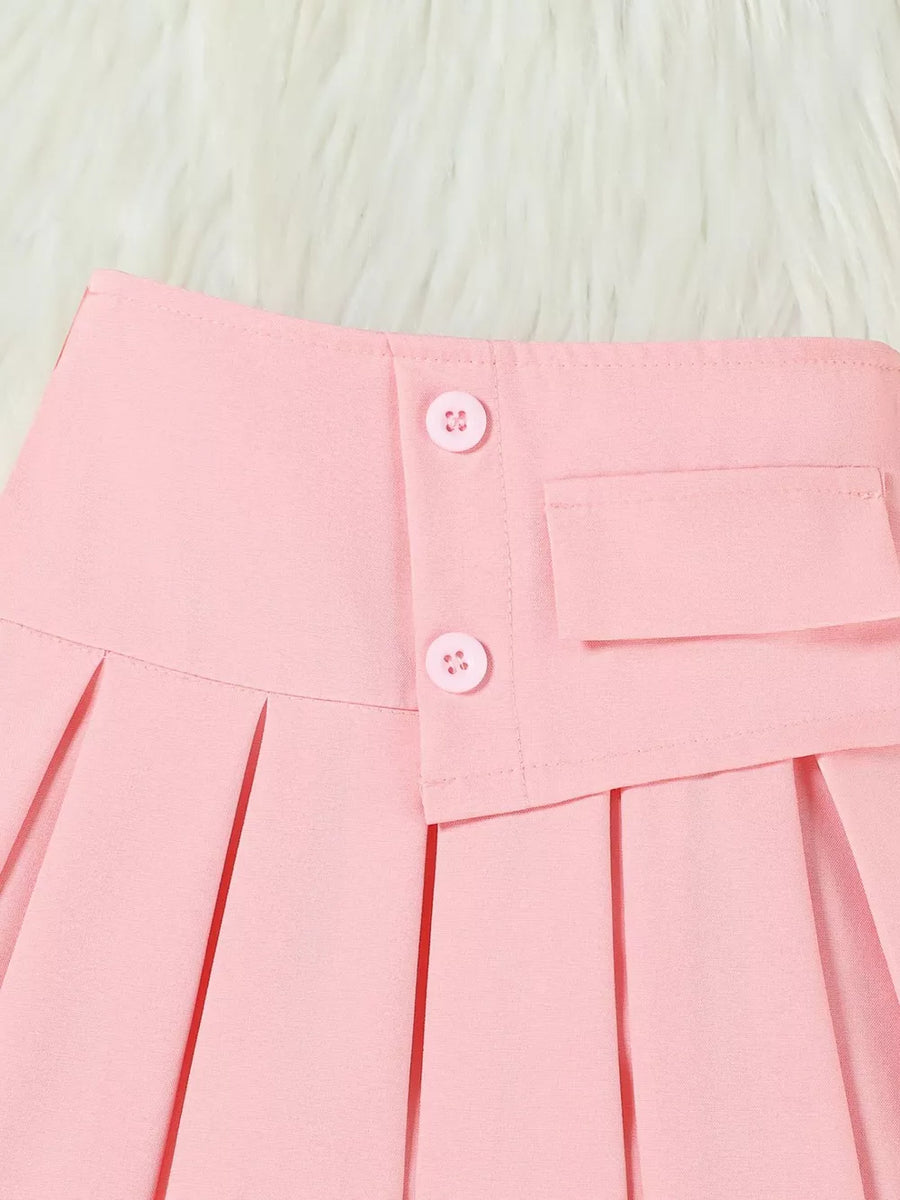Pink pleated skirt with decorative buttons and pocket detail