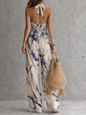 slate blue jumpsuit featuring pocketed and abstract