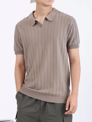 Men's brown ribbed knit short sleeve polo shirt with a V-neck and collar.