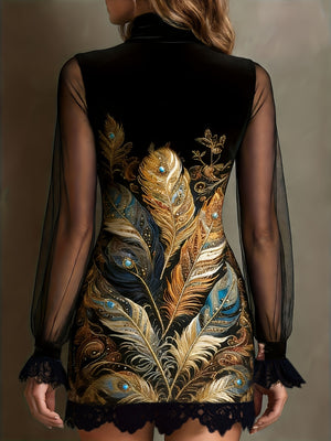 Floral Velvet Mini Dress With Sheer Sleeves in black
