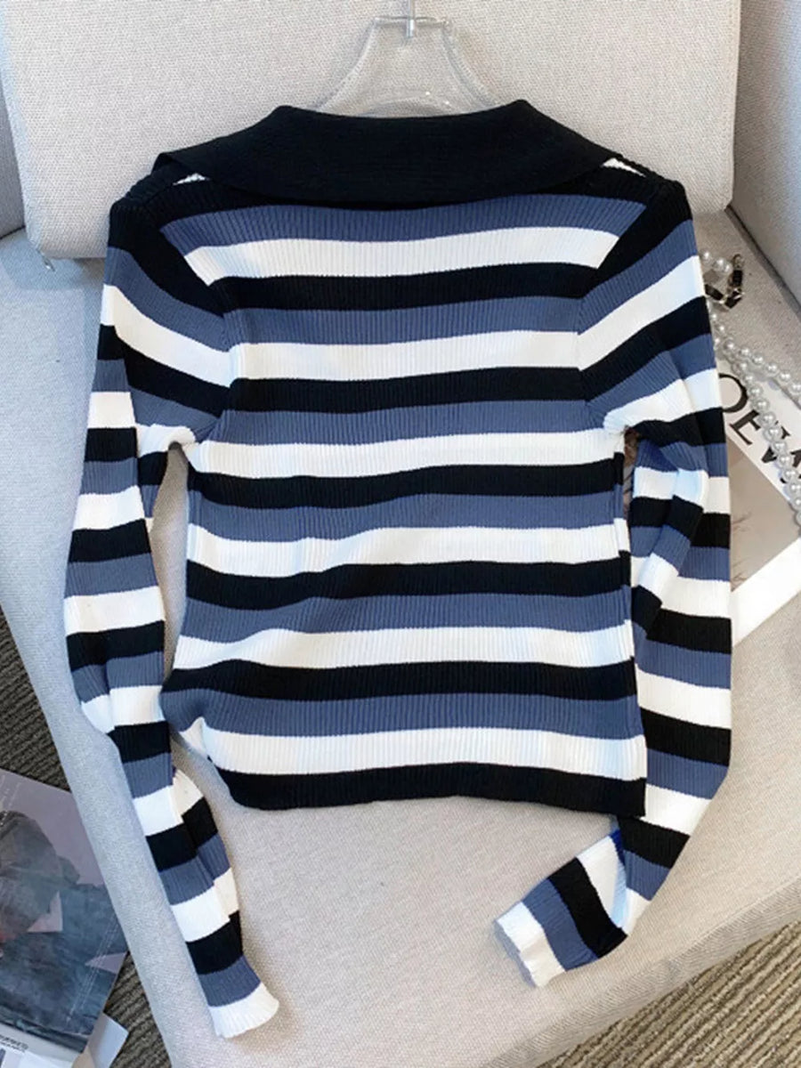 Striped Collared Cropped Knit Top option 10