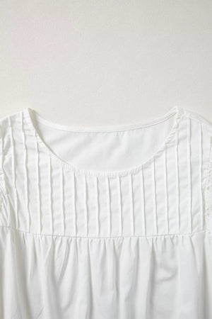 White cotton shirt with lace flutter sleeves and pleated front detail