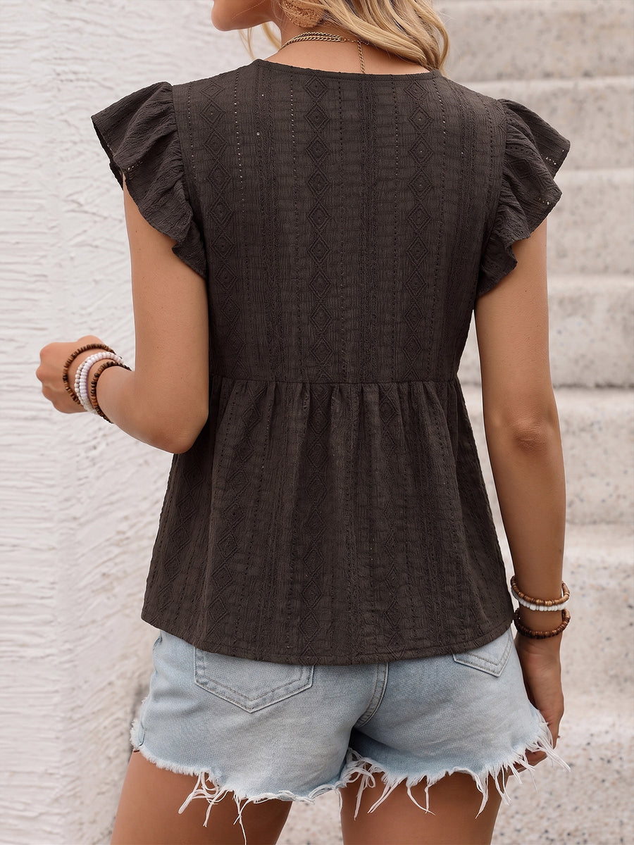Dark brown eyelet peplum top with flutter sleeves