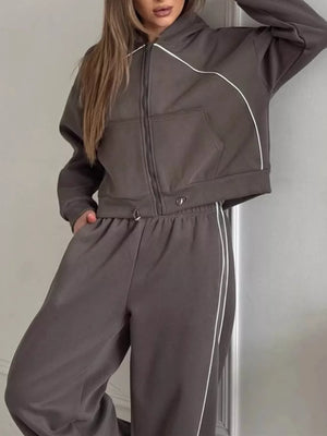 Fleece Zip-up Hoodie And Joggers Set in Light Gray with drawstring