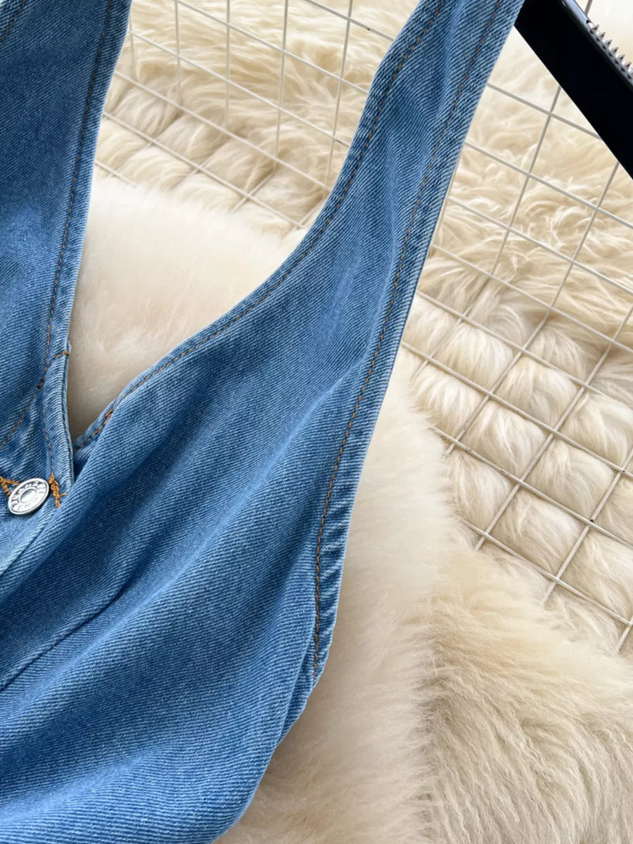 Blue denim V-neck dress with button placket and contrast stitching
