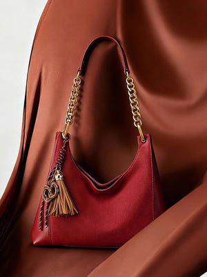 Chain Strap Tassel Charm Shoulder Bag in Wine Red with chain strap