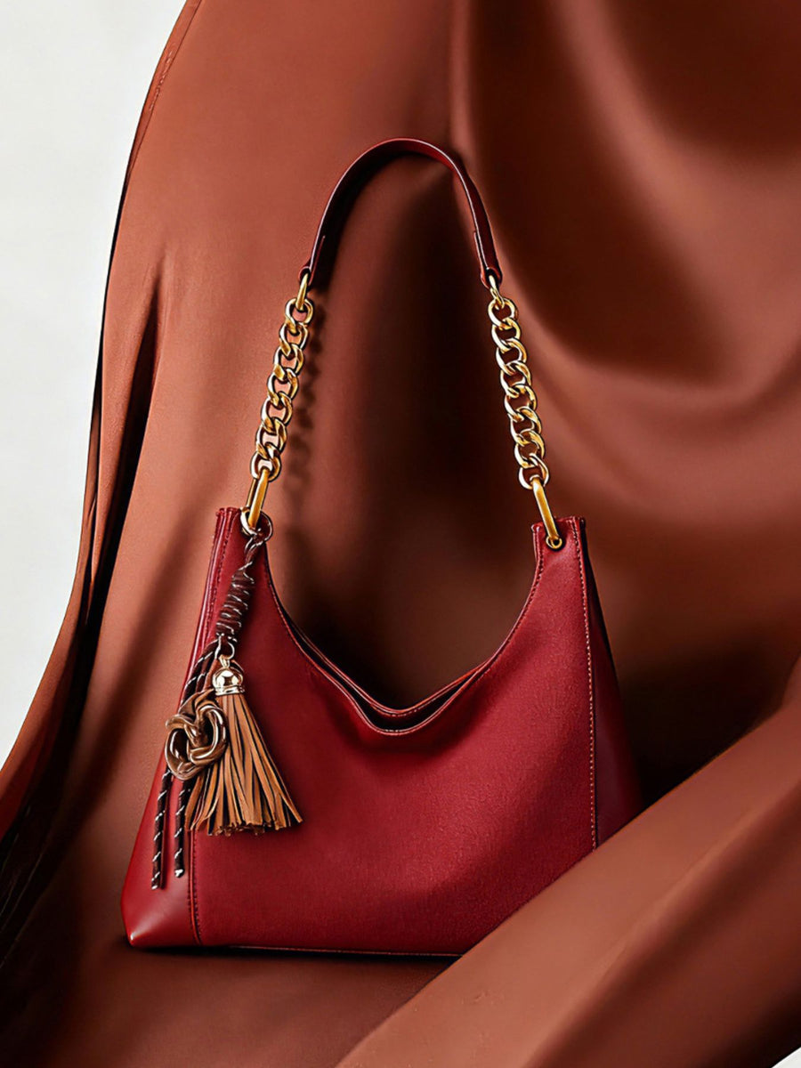 Chain Strap Tassel Charm Shoulder Bag in Wine Red with chain strap