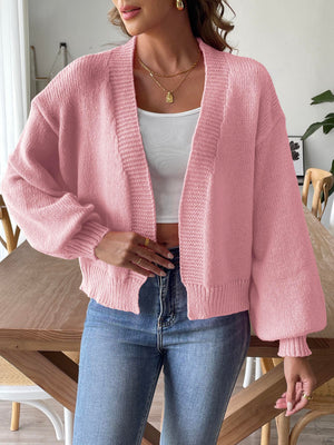 Dusty pink balloon sleeve knit cardigan with ribbed cuffs and hem.