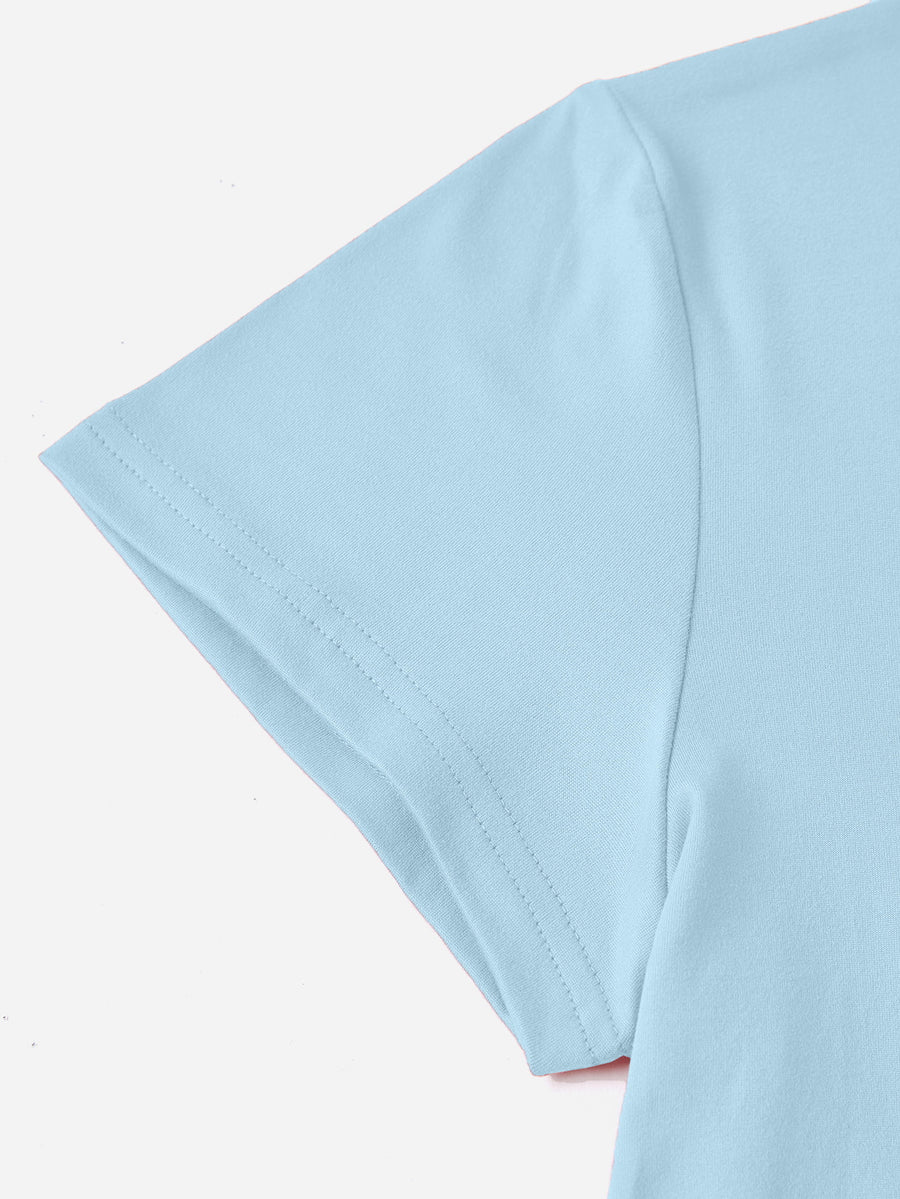 Light blue t-shirt with short sleeves and double-stitched hem detail.