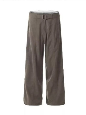 Men's dark brown wide-leg sweatpants with a belt and buckle detail.
