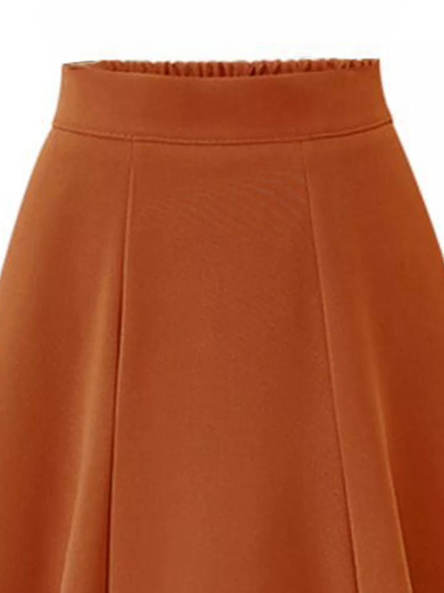 Brown A-line Midi Skirt With Elastic Waistband