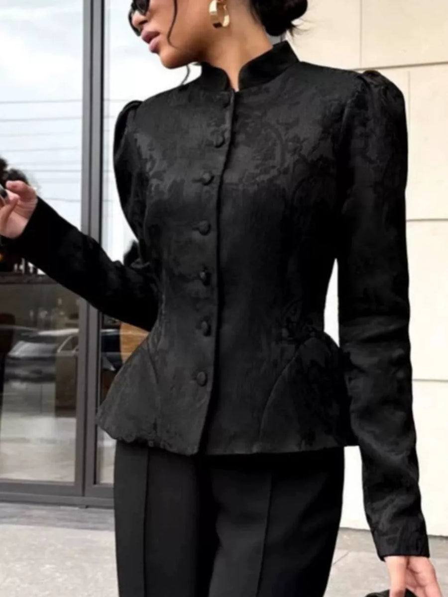 Apricot peplum top with seam detail and puff sleeve