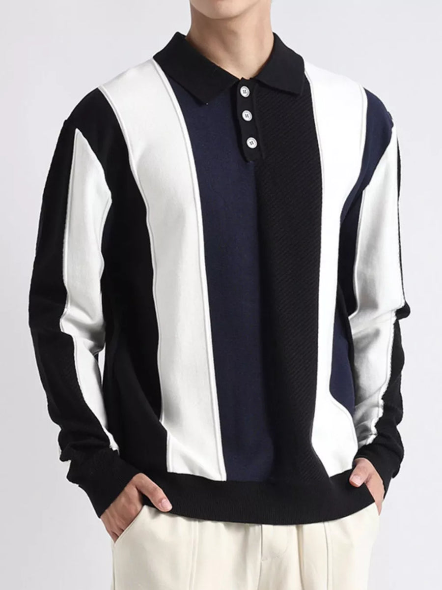 black pullover sweater with color-block and collared