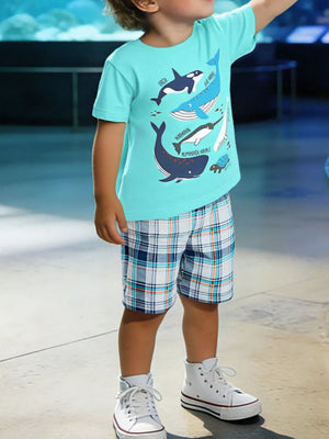 Toddler boys' blue t-shirt with whale graphics and plaid shorts.
