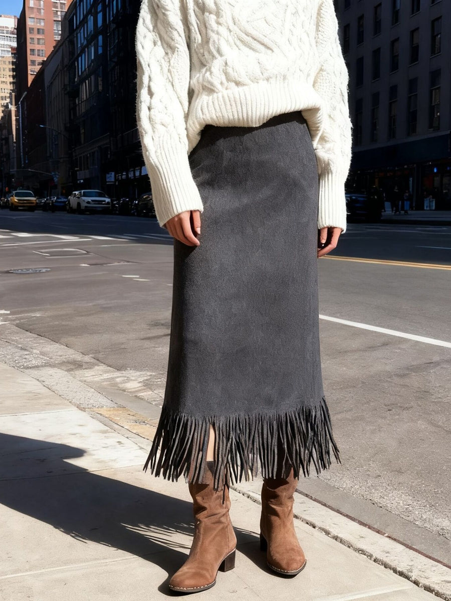 High-Waisted Suede Fringe Midi Skirt in Off-white with high-waisted