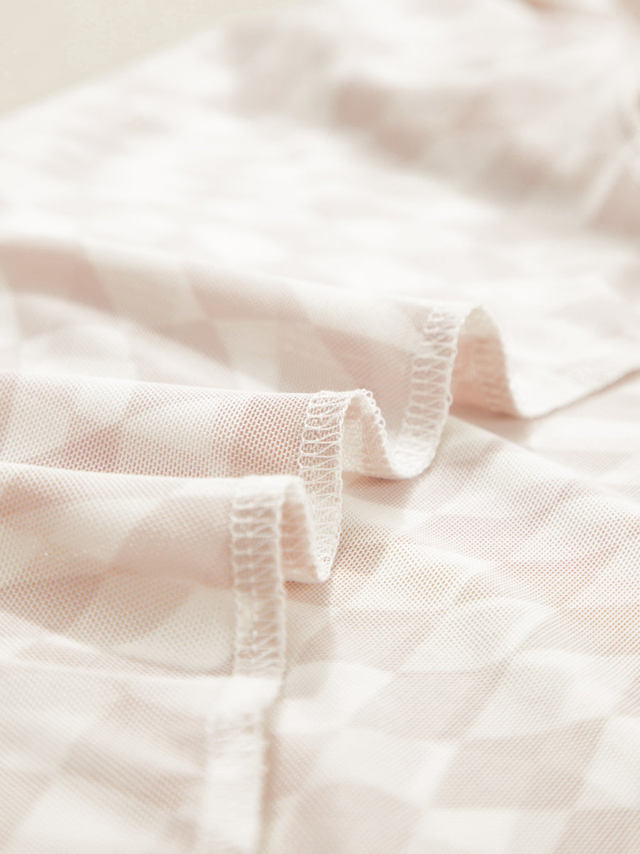 Beige checkered mesh crew neck t-shirt with visible stitching detail.