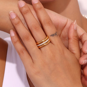 18K Gold-Plated Stainless Steel Zircon Ring Set in gold with 3-piece set