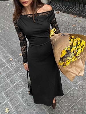 100% polyester Care instructions: Machine wash cold maxi dress in Black with A-line silhouette