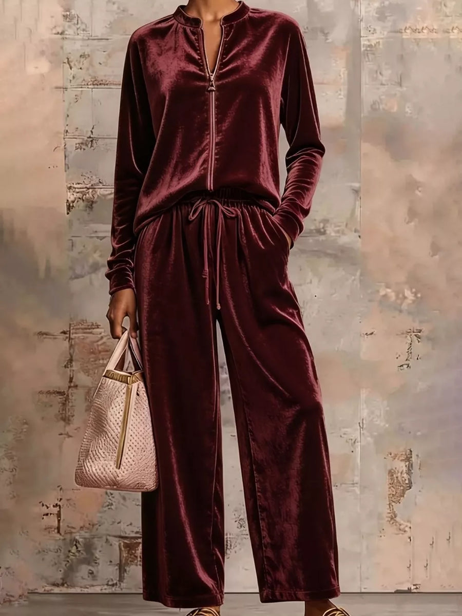 pajama set in burgundy featuring drawstring and relaxed, wide-leg fit