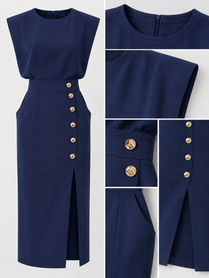 midi dress in Blue with side slit and midi