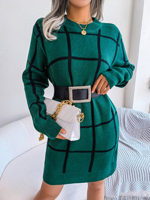 sweater dress in Camel with plaid and stretch