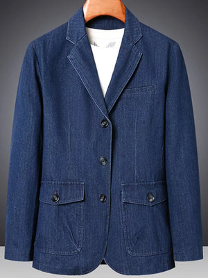 Textured dark blue denim blazer with notched lapels and button-down front.