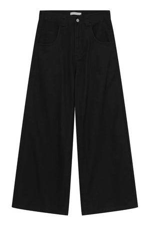 Black wide-leg denim jeans with sculpted volume and a comfortable fit.