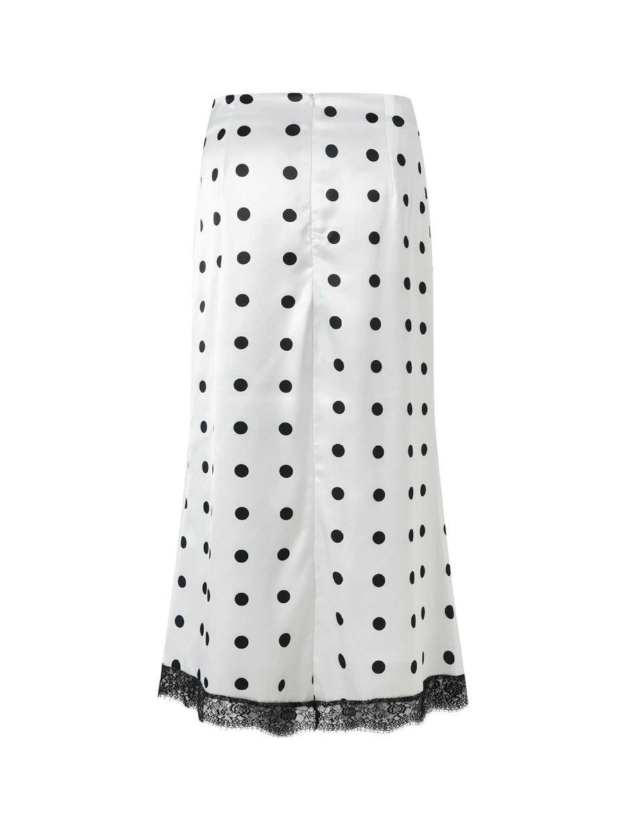 Polka Dot Midi Skirt With Lace Trim in White with lace