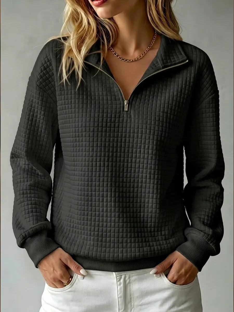 White sweatshirt with hip-length and quarter-zip