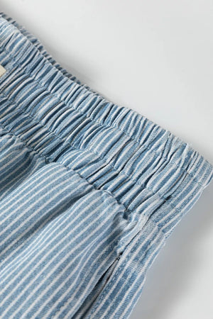 Blue and white striped denim shorts with elastic drawstring waist