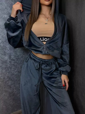 Zip Up Cropped Outerwear And Pants Set in Black