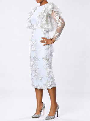 White midi dress featuring applique and floral