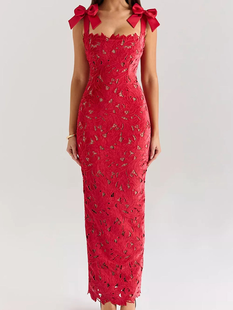 Red floral lace maxi dress with tie shoulder bows and cutout details.