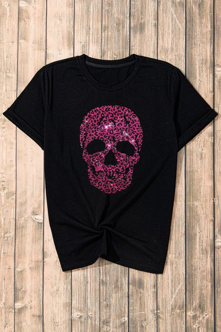 t-shirt in Black with leopard-print and rhinestones