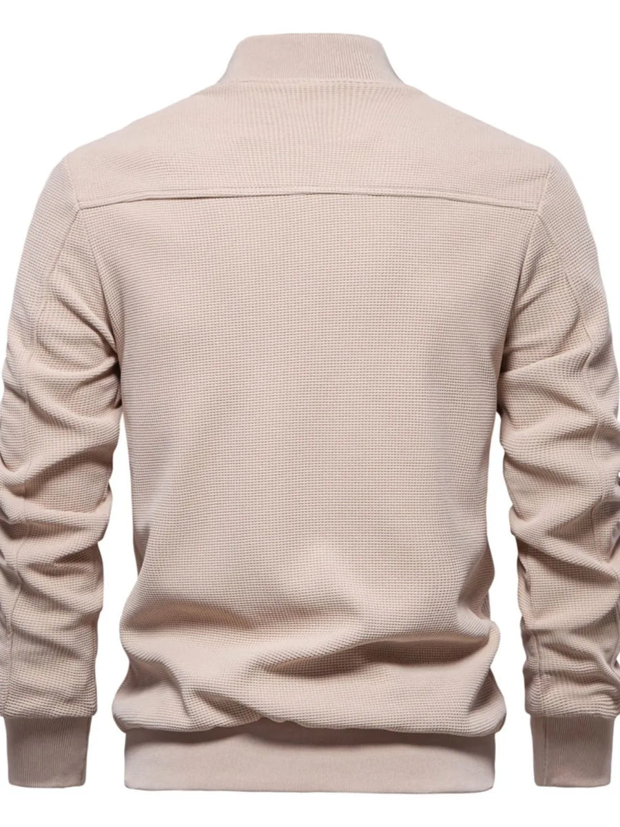 Taupe textured knit bomber jacket with faux shearling collar detail