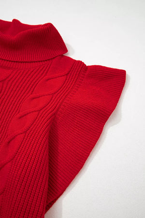 turtleneck sweater in red with cable-knit and hip-length