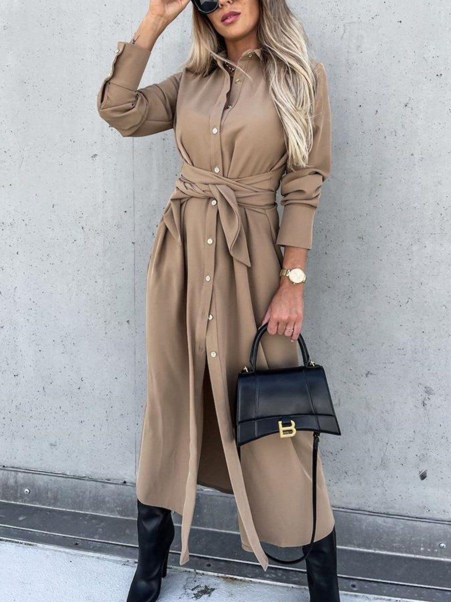Tan belted long sleeve shirt dress with button front