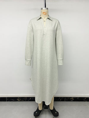 Polo Collar Long Sleeve Midi Dress in sage green with slit