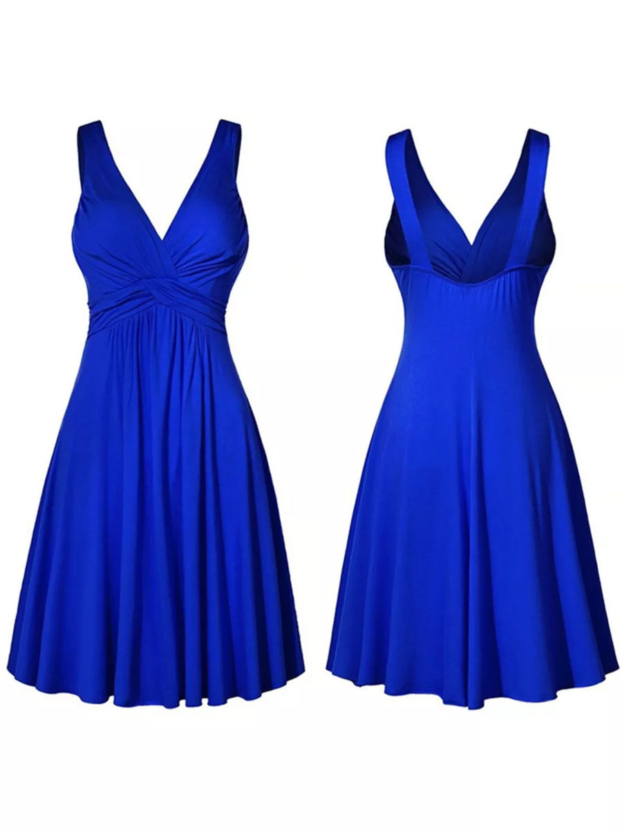 Twisted Sleeveless Ruched Waist A-line Dress Plus Size in Blue with ruched