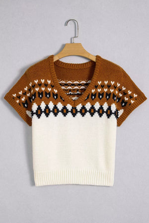 black v-neck sweater with ribbed hem and short sleeve