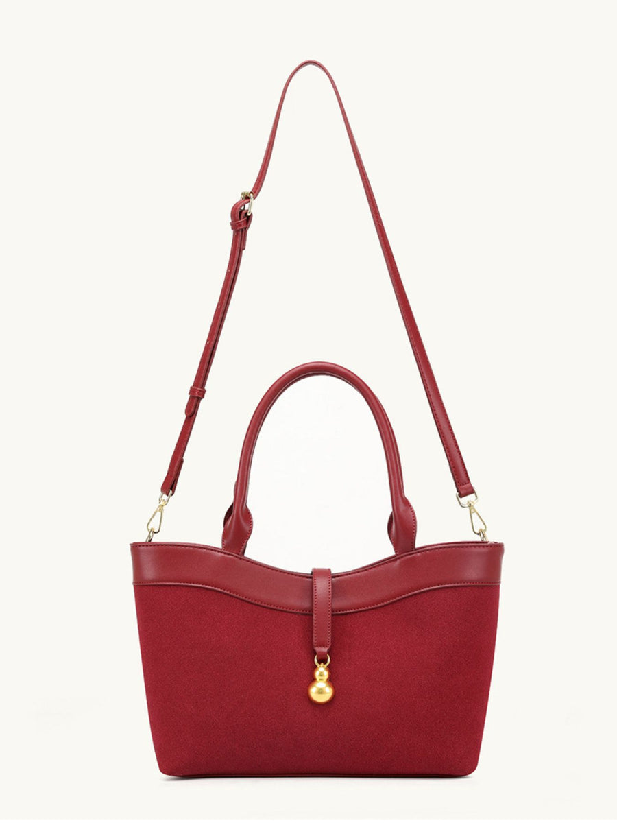 Suede Crossbody Bag With Gold Charm in Wine Red