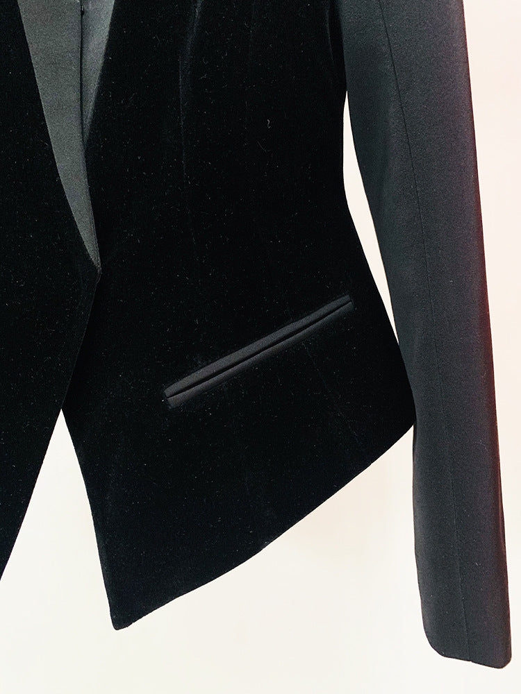 Black fitted blazer with mandarin collar