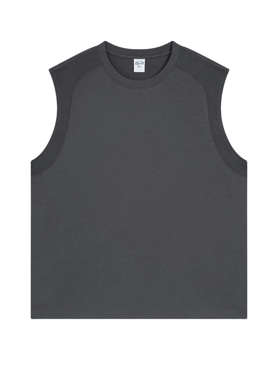 Sleeveless dark gray tank top with shoulder seam detail